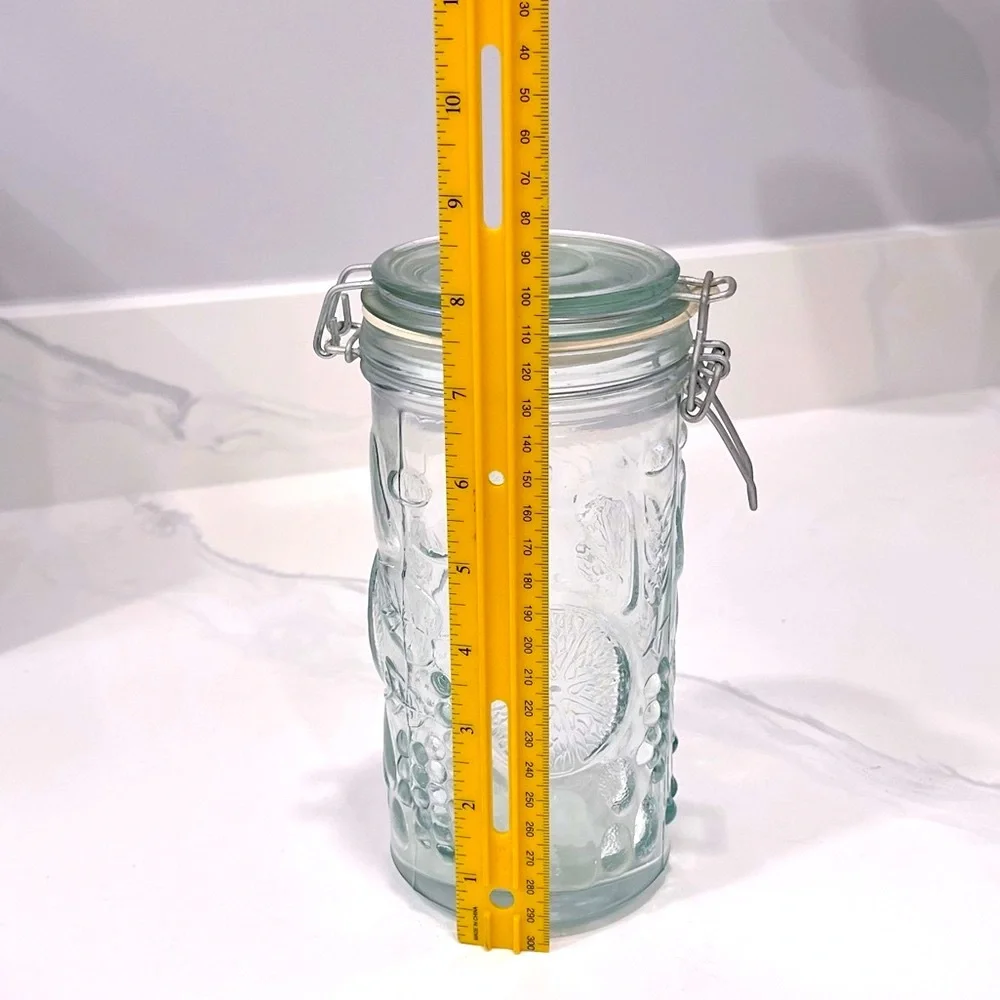 Vintage Embossed Fuit Pattern Glass Canister Set with Wire Bale Hinges, Set of 2